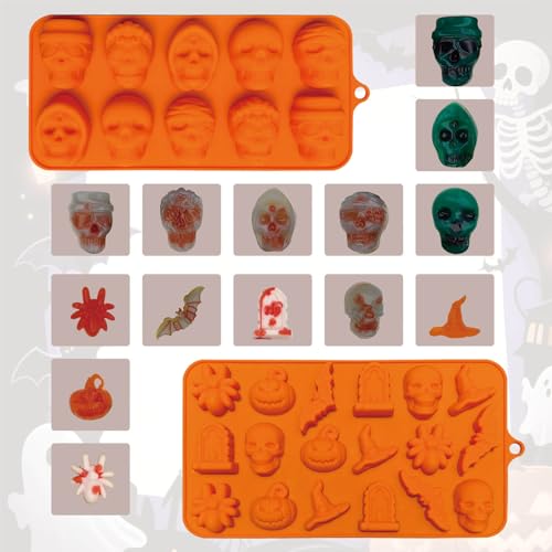 Halloween Skull & Pumpkin Silicone Chocolate Molds - 2 Pack for Candy & Decorations