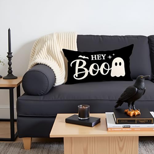 Halloween Throw Pillow Cover 12x20 Inch Black Ghost Decor - Pack of 1