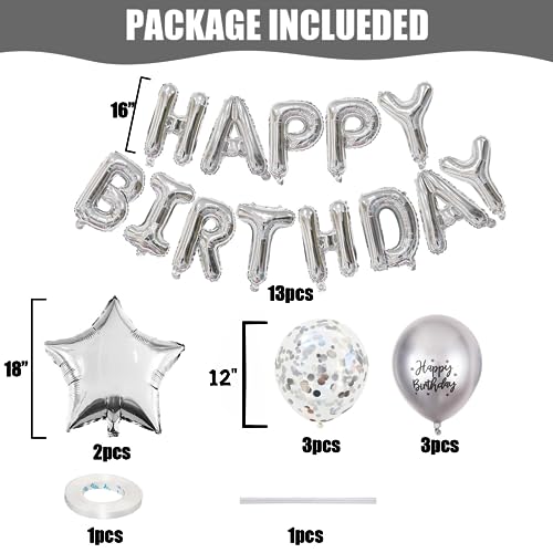Silver Happy Birthday Balloons Banner Set - 16 Inch Foil Letters & Confetti Balloons