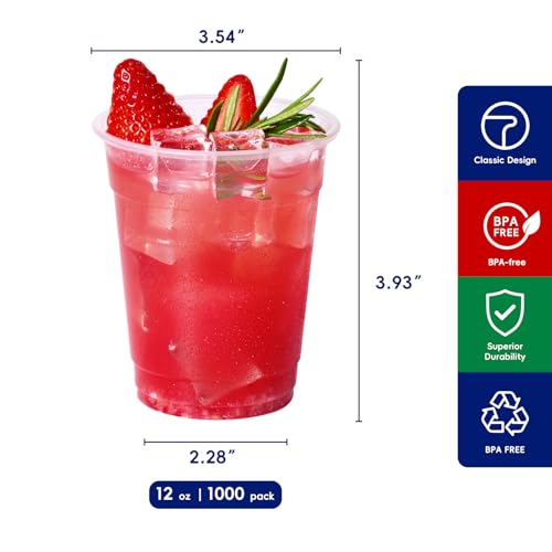 Disposable Clear Plastic Cups 12 oz - 1000 Pack, Party & Event Use