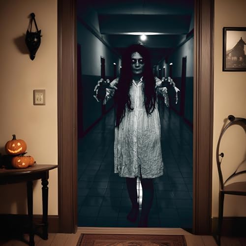 Halloween Door Backdrop Banner Ghost Girl Creepy Decor 73x35 Inch - Scary Party Supplies