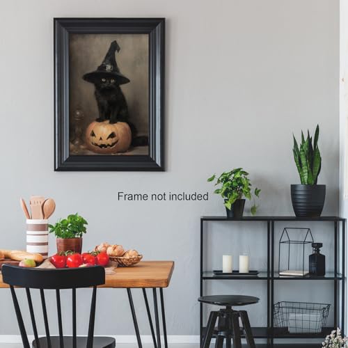 Vintage Halloween Canvas Wall Art Unframed - Black Cat Witchy Pumpkin 12x16in