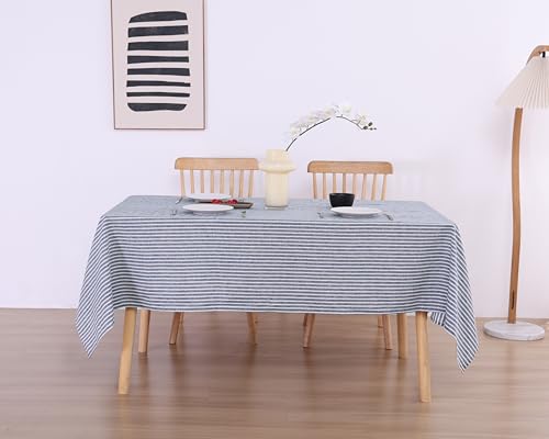 European Linen Tablecloth 60x108 Inches Blue Stripe - Rectangular, Machine Washable, 8-10 Sets