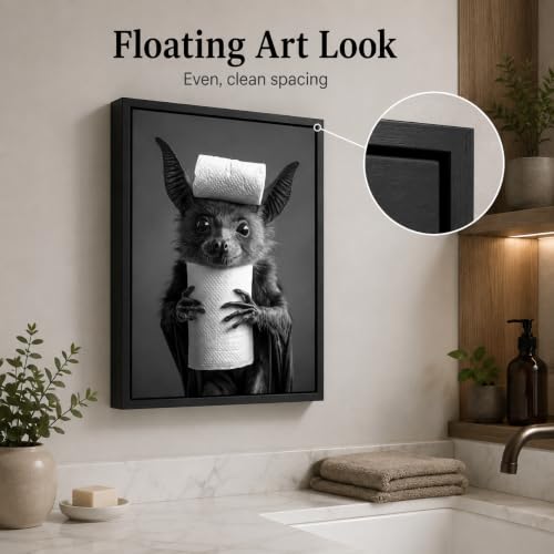 Funny Bat Bathroom Wall Art - Framed 16x12 Inch Toilet Paper Decor, Humorous Animal Restroom Canvas