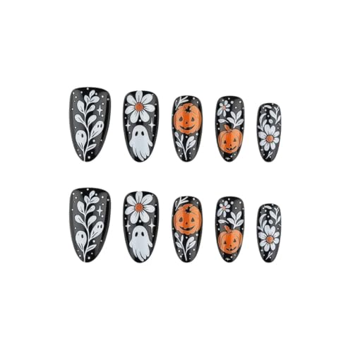 Halloween Press-On Nails Medium Almond with White Ghost Flower Leaves Design - 24Pcs