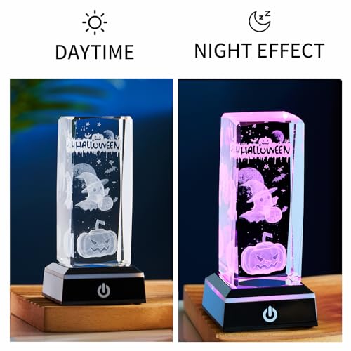 Halloween 3D Crystal Night Light Pumpkin Ghost Skull LED Lamp with Colorful Base - Gift Box Included