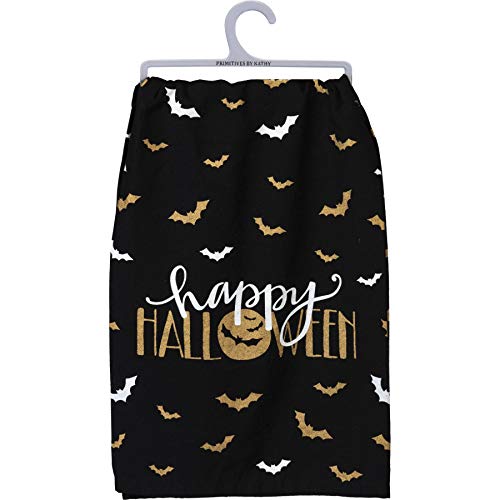 Halloween Dish Towel - Bat Design, Cotton, Black, Happy Halloween