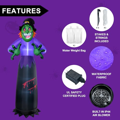 10FT Inflatable Halloween Witch Decor with LED Lights, Outdoor Yard Decoration