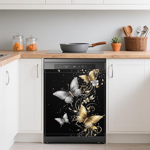 Magnetic Dishwasher Cover Decal Gold Silver Butterfly - Kitchen Decor 23x26 Inch