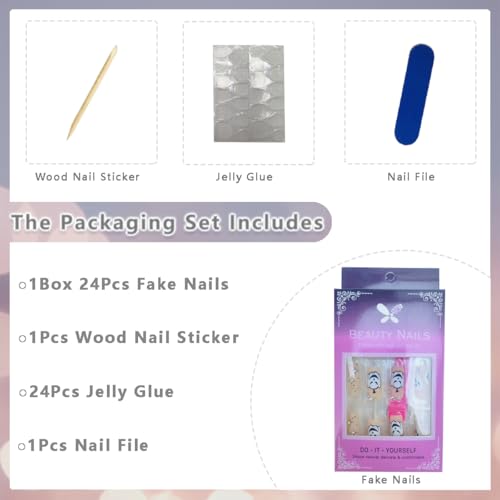 Halloween Press On Nails Set - Medium Square Fake Nails with Pumpkin Spider Web Ghost Star Designs, Reusable Glossy Nude Acrylic Nails for Women, Variant 17