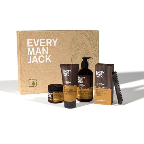 Every Man Jack Beard Essentials Gift Set for Men – Complete Routine with 5 Full-Size Essentials – Sandalwood Scent - Beard & Face Wash, Lotion, Oil, Butter & Comb