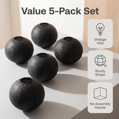 Black Paper Lanterns - 16-Inch Decorative Ball Lanterns for Weddings & Parties - 5 Pack