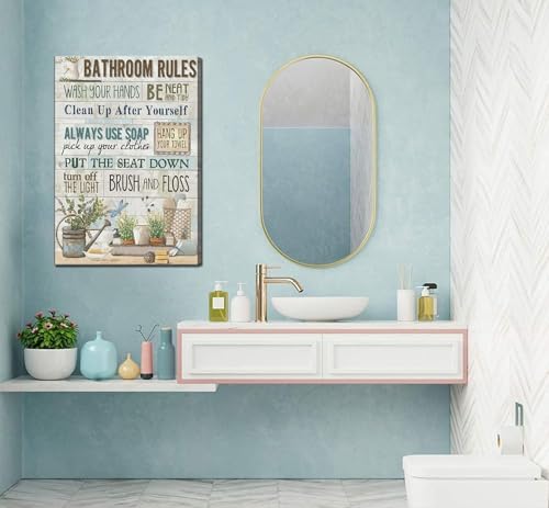 Bathroom Rules Wall Art - Canvas Wall Decor 24x16 Inches - Farmhouse Bathroom Slogan