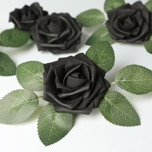Black Artificial Roses - 50 Pcs Fake Foam Roses for Wedding & Party Decor - Gothic Halloween Centerpieces & DIY Bouquets