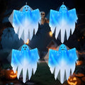 Halloween Hanging Ghost Lights Set - White Ghosts with Blue Light, 4 Pack Outdoor Decor