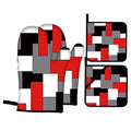 Red Geometric Oven Mitts and Pot Holders Set - Heat-Resistant Kitchen Accessories