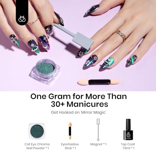 Beetles Cat Eye Chrome Nail Powder Set - Blue Holo 1 2-in-1 Holographic Effect