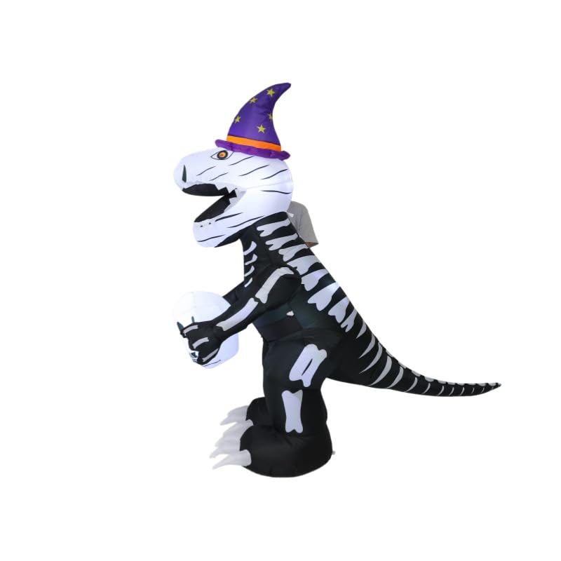 Halloween Inflatable Skeleton Dinosaur with Witch Hat - Curved Light Up Yard Decoration