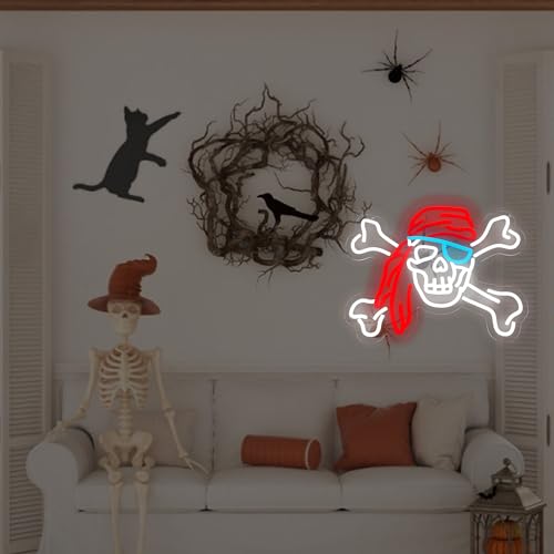 Pirate Neon Lights Skull Neon Sign - Red Bandana & Blue Eyepatch - USB Powered LED Decor - Variation: BCB-Red