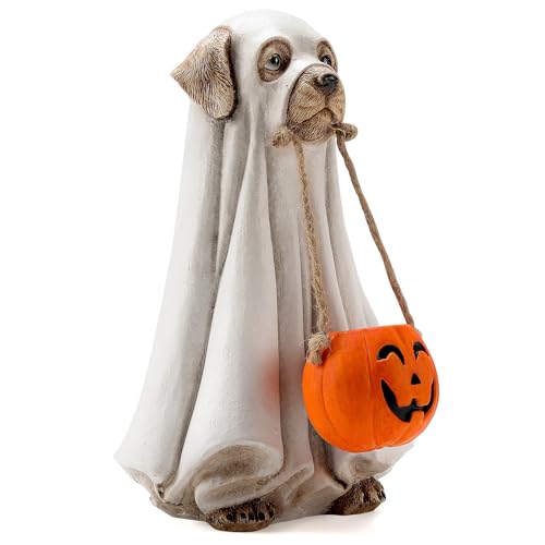 Halloween Ghost Dog Figurines with Small Pumpkin Tabletop Decoration - Handcrafted Cute Dog Halloween Decor - Variations of Ghost Dog