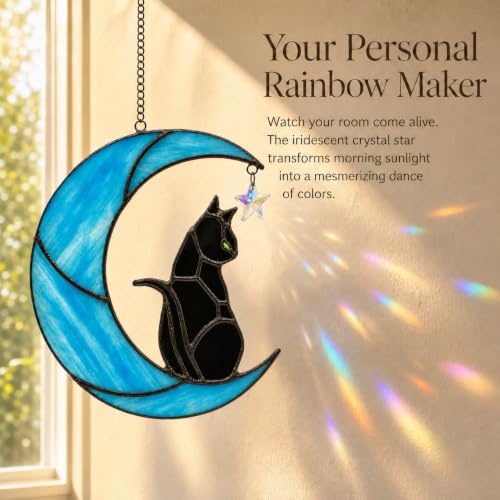 Stained Glass Black Cat Suncatcher - Blue Moon Rainbow Maker with Green Eyes Variation