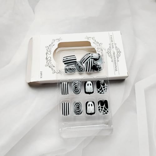 Halloween Ghost Press on Nails Short Square Fake Nails with Black White Ghost Spider Web Swirl Design - Design H2