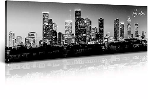 Black & White Houston Skyline Canvas Wall Art 13.8 x 47.3 Inches - Houston2 Variation