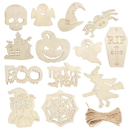 Halloween Wooden Cutout Ornaments Set - Unfinished Ghost Pumpkin Witch Shapes