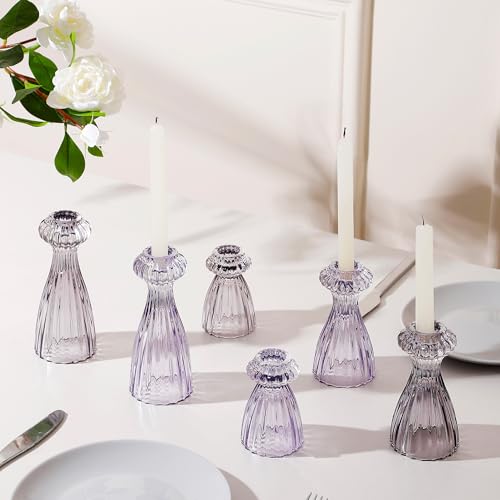 Purple Glass Candlestick Holders Set of 6 - Taper Candle Holders for Home Decor