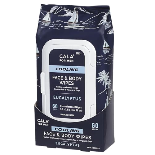 Cala Men Cooling Face & Body Wipes 60 Sheets - Unscented, Eucalyptus & Witch Hazel, Reusable Pack