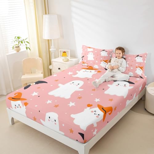 Feelyou Pink Halloween Fitted Sheet Twin Size for Boys & Girls - Variation: Pink White