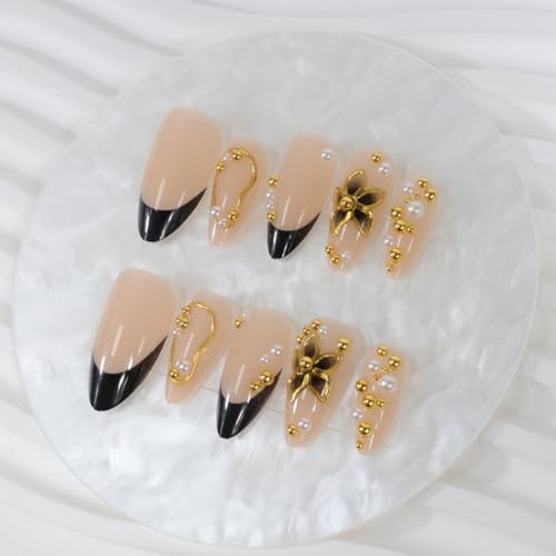 Black French Tips Press On Nails with 5D Flower Charm - Almond, Gold Lines, Pearl, Reusable, 24Pcs - Variation: Color46