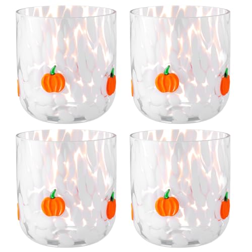 Thanksgiving Pumpkin Glass Cup Set - 14 oz Stemless Drinkware, 4 Pcs