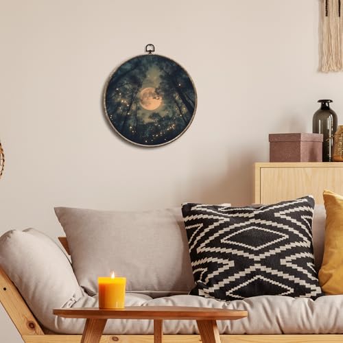 Full Moon Forest Round Wall Art Canvas - Enchanted Nature Decor, 10x10in