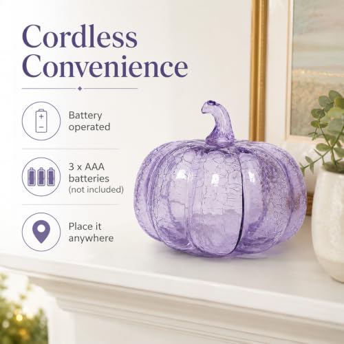Lavender Crackle Glass Pumpkin Light - 5.5 Inch Battery-Operated LED Decor with 3 Modes & 6H Timer