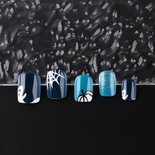 Halloween Short Square Press On Nails with Ghost Pumpkin & Web Design - Blue Glitter Full Cover Reusable 24Pcs - Variation: Color33