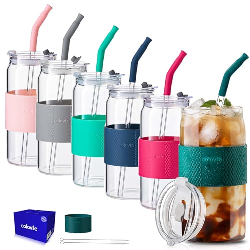 Glass Drinking Cups with Lids & Straws - Water Tumblers, 6 Pack