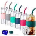 Glass Drinking Cups with Lids & Straws - Water Tumblers, 6 Pack