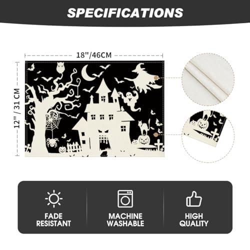 Halloween Haunted House Ghost Witch Placemats Set of 4 - 12x18 Inch Rectangular Black Seasonal Table Mats