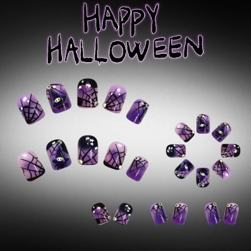 Halloween Short Square Press-On Nails with Spider Web Rhinestones - Purple Black, Reusable 24Pcs - Variation 26WSJ21