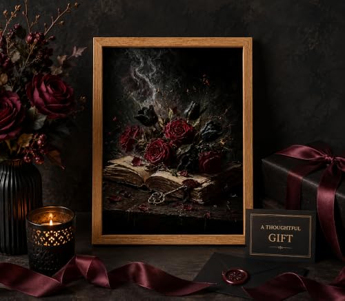 Moody Floral Wall Art - Dark Gothic Book & Roses Frame, 10x8 Inches