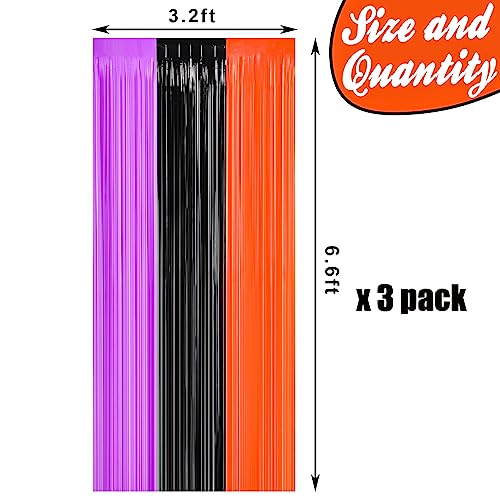 Halloween Tinsel Foil Curtain Set - Black, Orange & Purple, 3.3x6.6ft, Photo Booth Backdrop - Variation of Black Purple and Orange