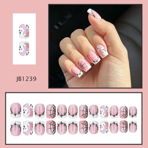 Halloween Press On Nails Short Square Pink Fake Nails with Ghost & Spider Web Design - Pattern W40, Reusable, 24 Pieces