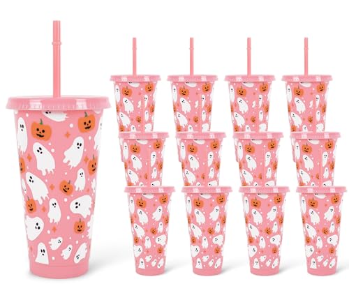 Pink Halloween Plastic Cups with Lids & Straws 24oz - Ghost & Pumpkin Design, Reusable Party Cups