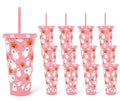 Pink Halloween Plastic Cups with Lids & Straws 24oz - Ghost & Pumpkin Design, Reusable Party Cups