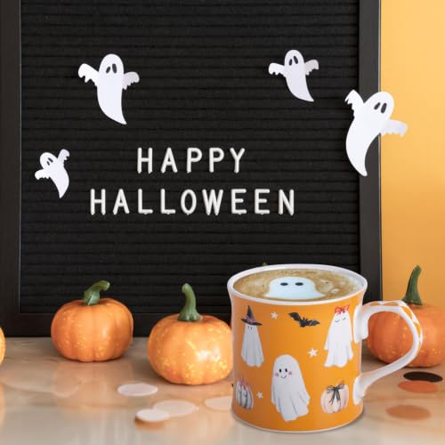 Halloween Ghost Coffee Mug - Modern Orange Ceramic Cup with Pumpkins Bats & Witch Hat - Spooky-Cute Gift