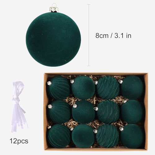 Velvet Christmas Ornaments Balls Flocked Holiday Decor - Green, Set of 12 - Variation F