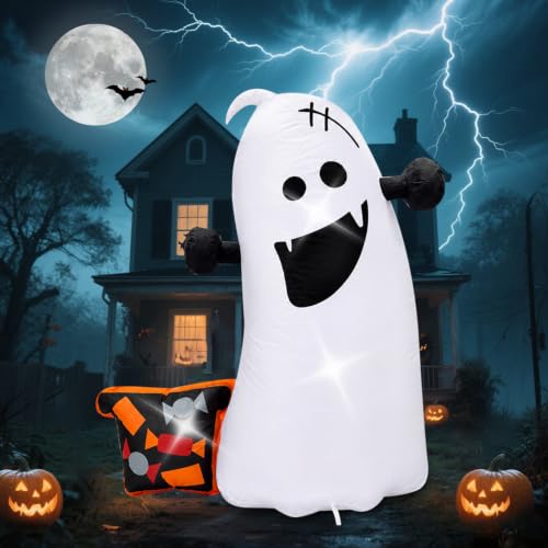 4FT Ghost Outdoor Halloween Inflatable Decoration - Spooky Ghost Blow Up with Stakes & Ropes