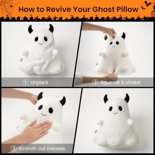 Halloween Ghost Throw Pillow with Horns - Mischievous Boy Variation, Spooky Decor