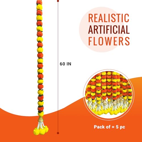 Artificial Marigold Garland 5 Pack - Yellow, Orange, Green Indian Decor